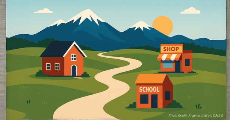 Path leading to house classroom and business symbolizing FNBO’s community investment