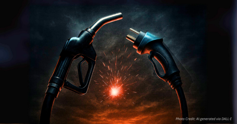 Gas pump facing EV charger with Texas and California in background