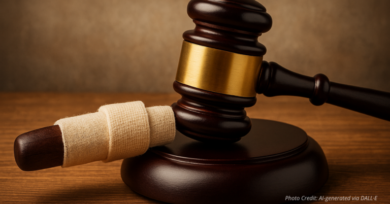 Judge’s gavel beside a blood‑stained bandage symbolizing lenient justice after violence