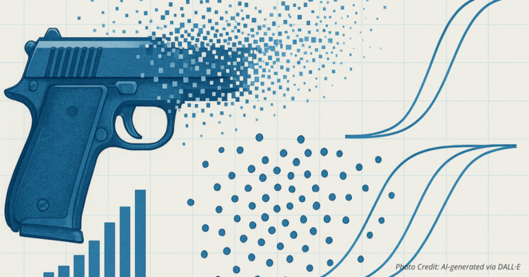 Firearm dissolving into data and logistic regression curve
