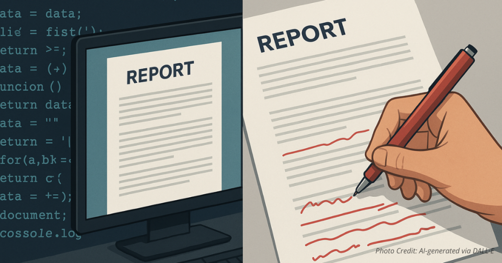 Code drafts a report while an officer edits on paper to stress human oversight