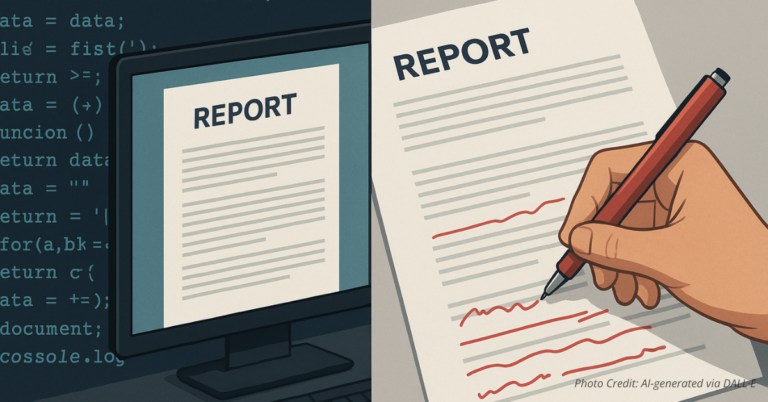 Code drafts a report while an officer edits on paper to stress human oversight