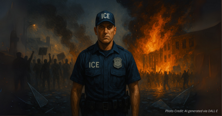 ICE officer stands alone amid violent mob and fire