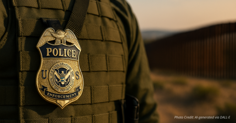 ICE badge with border fence in background, symbolizing enforcement surge