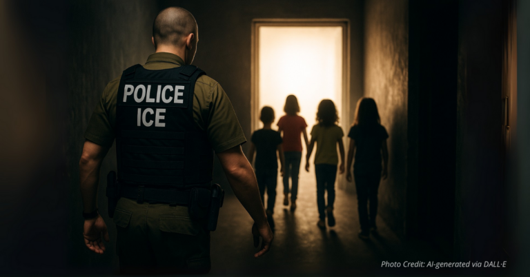 ICE officer leading children out of danger into safety