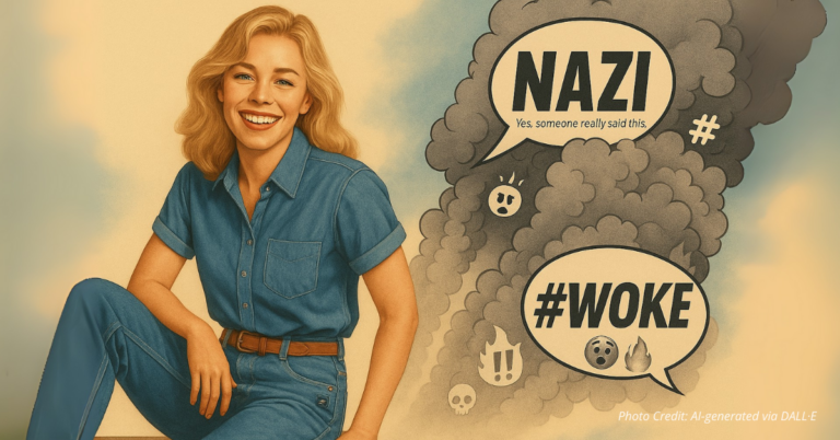 Split image of woman in jeans versus chaotic social media backlash