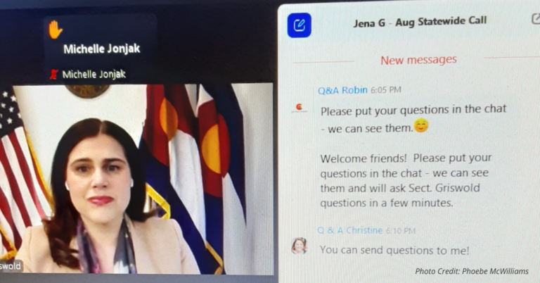 Jena Griswold speaks during Indivisible Colorado Zoom call on August 6, 2025