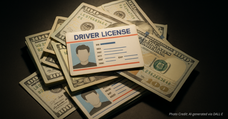 Pile of driver’s licenses mixed with cash under spotlight