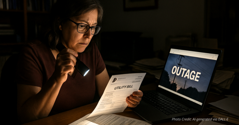 Frustrated shop owner using flashlight during outage highlights local business struggle.