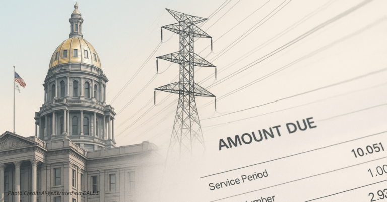 Colorado Capitol fading into power lines and a utility bill to show a law driving costs