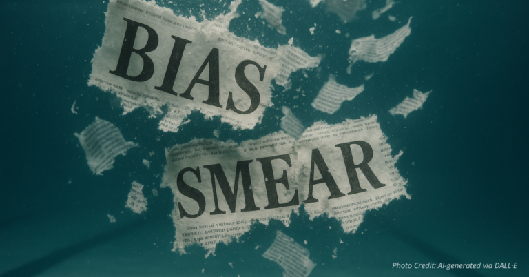 Newspapers labeled bias shredding underwater over swim lanes