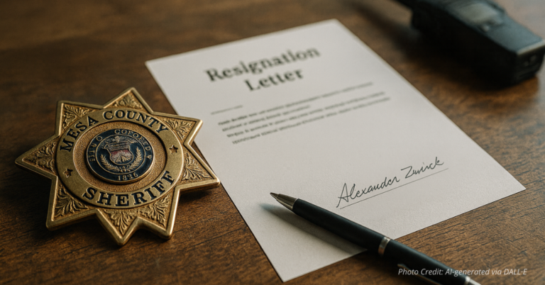 “Mesa County Sheriff’s badge on a desk beside resignation papers and pen, symbolizing deputy’s resignation.”