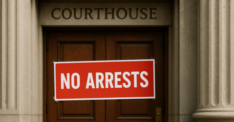 Courthouse door with ‘No Arrests’ sign reflecting Colorado ruling