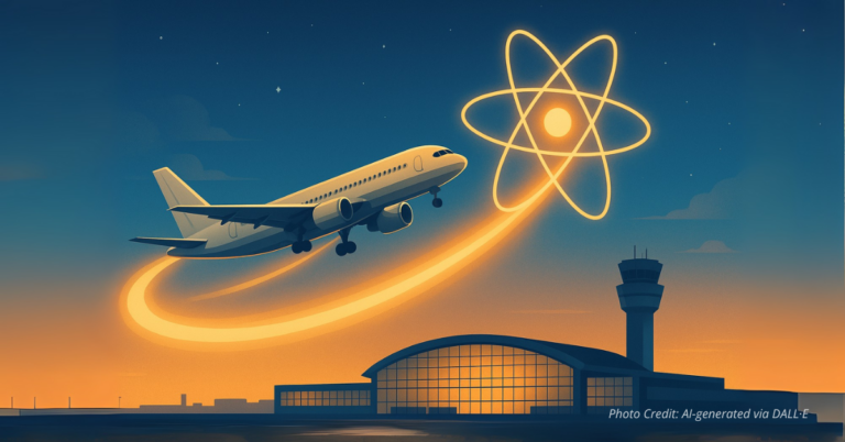 Airplane takes off with a glowing atomic trail symbolizing nuclear innovation at airports