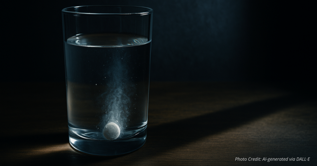 Glass of water with dissolving pill symbolizing hidden abortion drug use