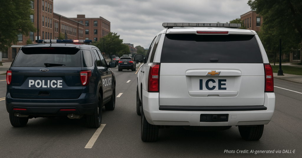 Police and ICE vehicles side by side symbolizing unity