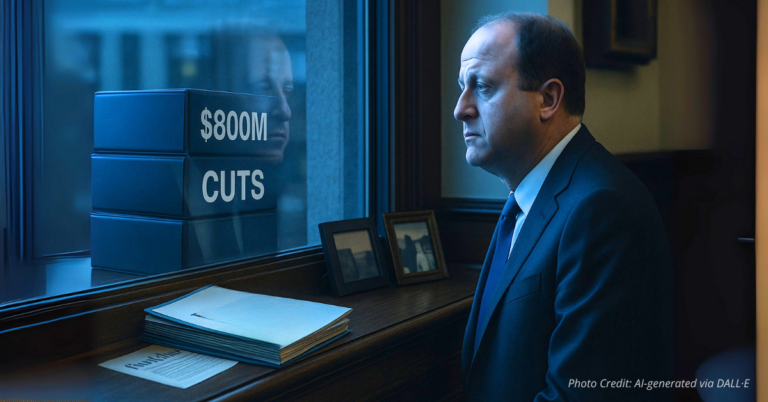 Jared Polis at desk with massive budget cut binders, symbolizing responsibility shift