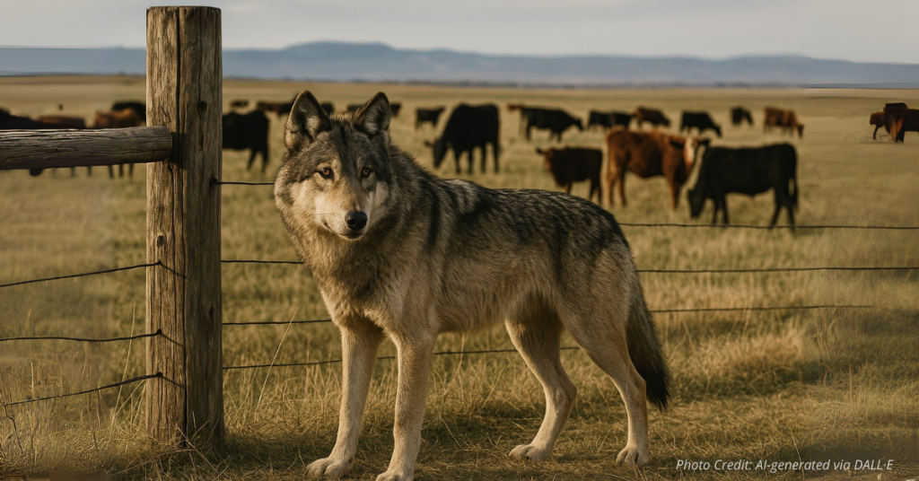Wolf near ranch fence with cattle in background