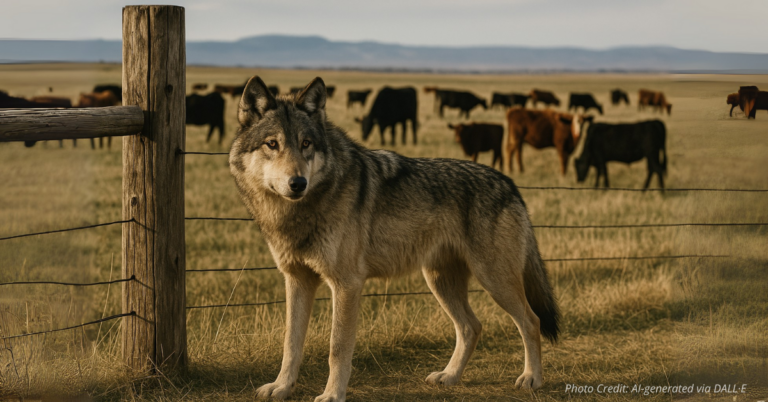 Wolf near ranch fence with cattle in background