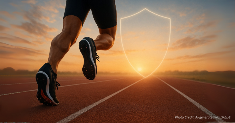 Runner launching toward a luminous shield, symbolizing pressing on in faith