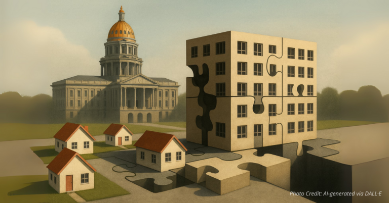 Puzzle of houses with mismatched apartment piece forced in
