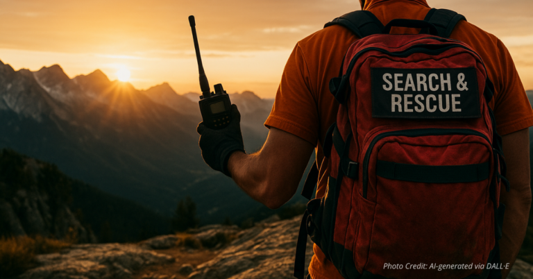 Search and rescue backpack and radio with Colorado Rockies in the background