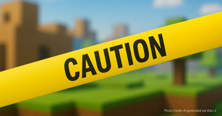 Caution tape across a blocky game world to signal child safety concerns