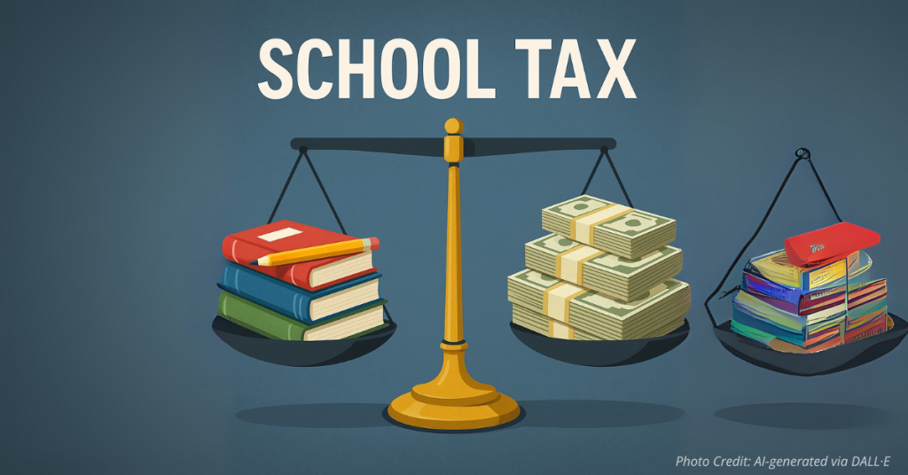 Scale balancing school supplies and money symbolizing tax hike debate