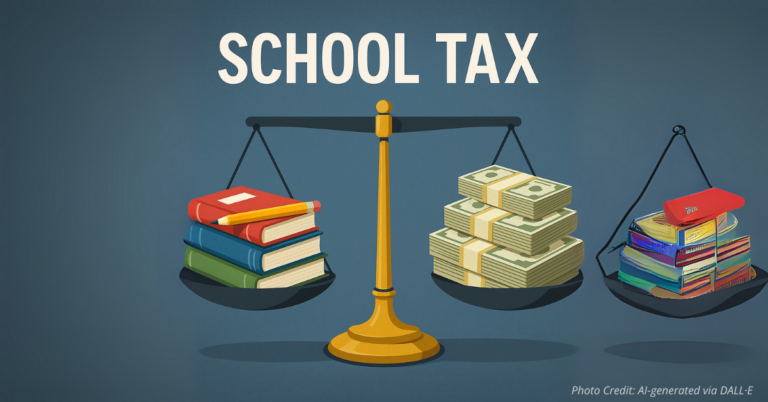 Scale balancing school supplies and money symbolizing tax hike debate