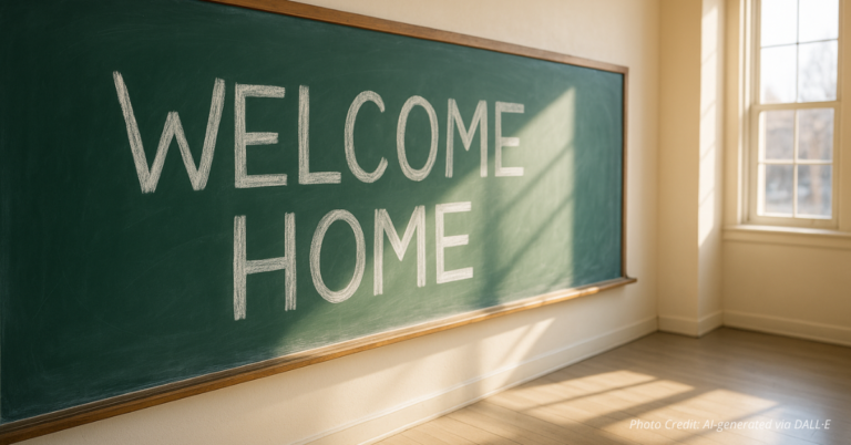 Chalkboard with “Welcome Home” in classroom
