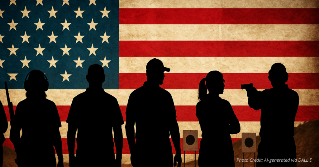 Citizens at a range united under the American flag