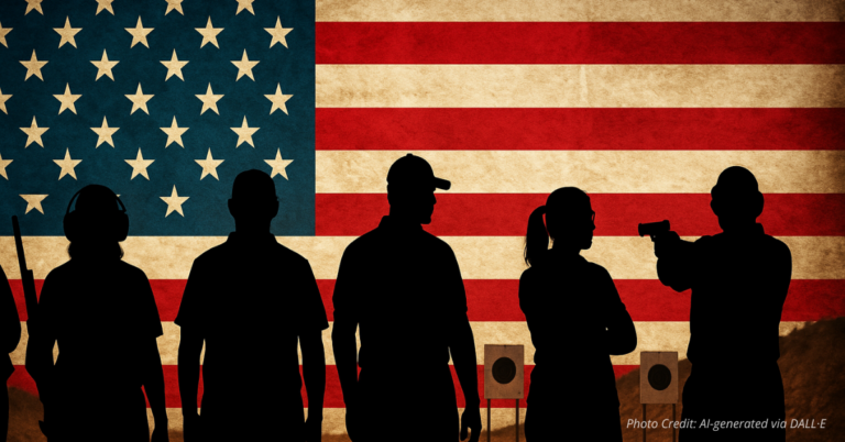 Citizens at a range united under the American flag