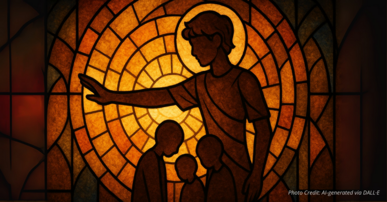 Stained-glass silhouette symbolizing heroic virtue and self-sacrifice