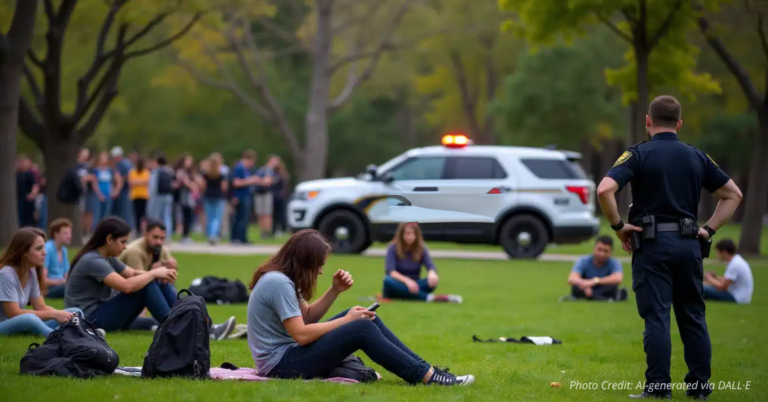 Students evacuating a campus building after false shooter call.