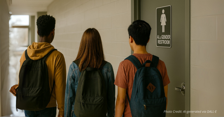 “Students walking toward an all-gender restroom in a Denver high school hallway under Title IX scrutiny”
