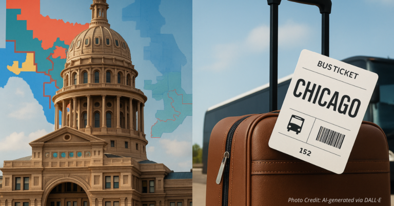 Texas Capitol with district lines beside suitcase and Chicago ticket
