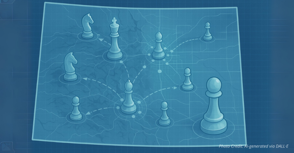 Colorado map with blueprint grid and chess pieces advancing