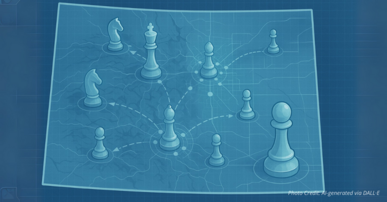 Colorado map with blueprint grid and chess pieces advancing