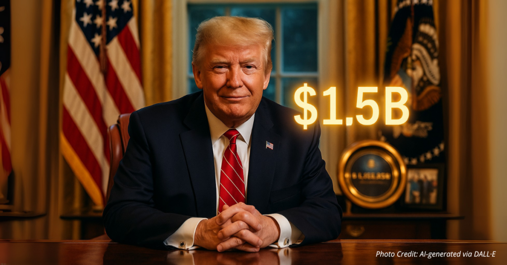 Trump at Resolute Desk with $1.5B fundraising ticker