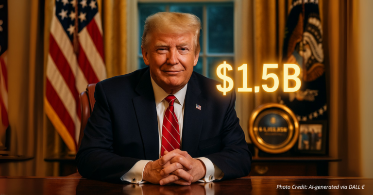 Trump at Resolute Desk with $1.5B fundraising ticker