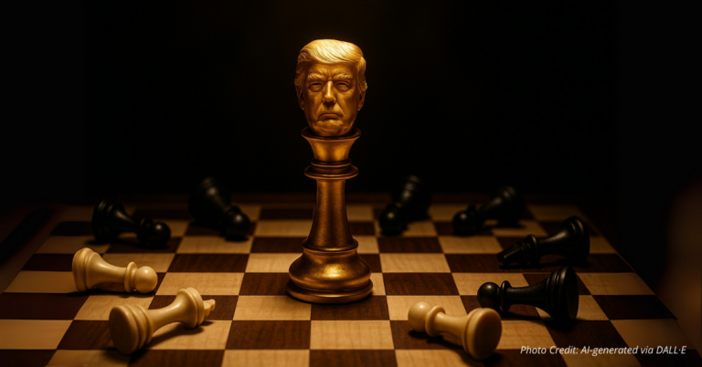 Trump as king chess piece on a political board