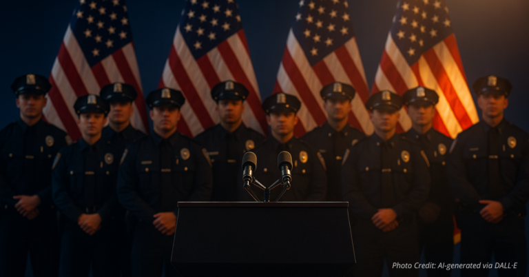 Trump with police and American flags symbolizing law and order
