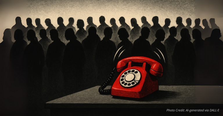 Red phone ignored by shadowy figures symbolizing counties not responding