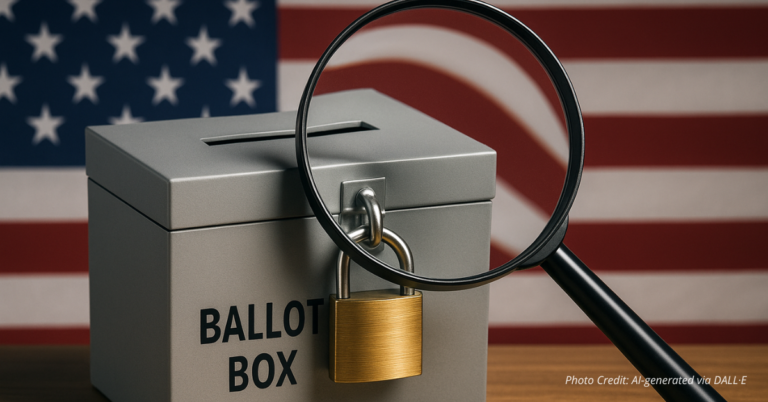 Locked ballot box under magnifying glass with flag backdrop