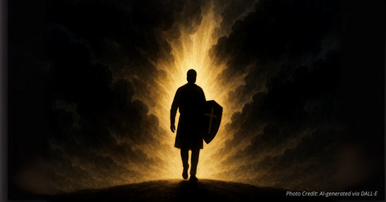 Christian silhouette carrying shield walking toward light