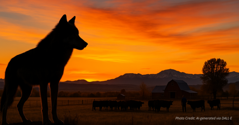 Wolf overlooking Colorado ranch at sunset symbolizing rural burden