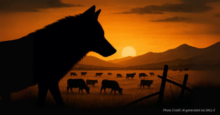 Wolf shadow looming over grazing cattle at sunset