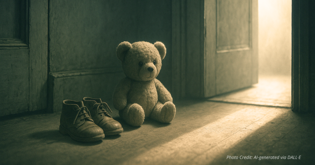 Teddy bear and worn shoes in front of open door, metaphor for uncertain placement and risk.