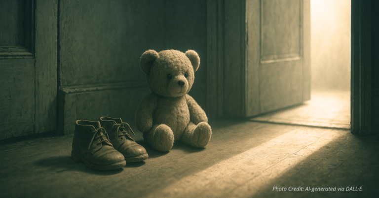 Teddy bear and worn shoes in front of open door, metaphor for uncertain placement and risk.