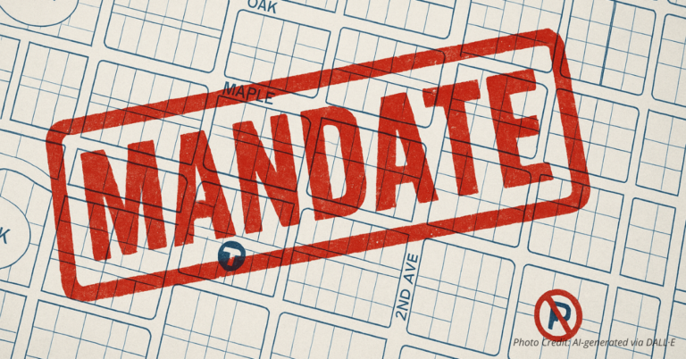 Neighborhood blueprint stamped with ‘MANDATE’ to convey state overreach into local zoning